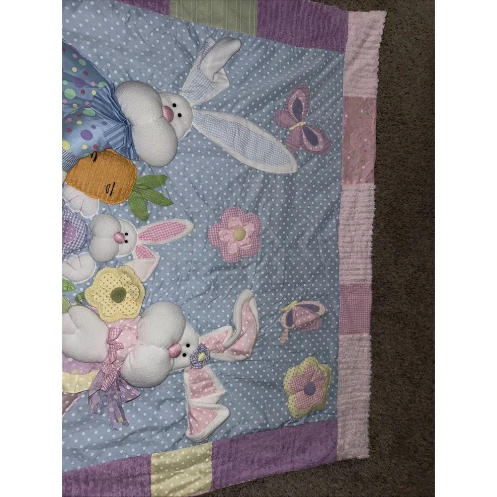 Vintage‎ Baby Bunny Patchwork Quilt 3D Appliqué Pastel Nursery Quilt 58x50